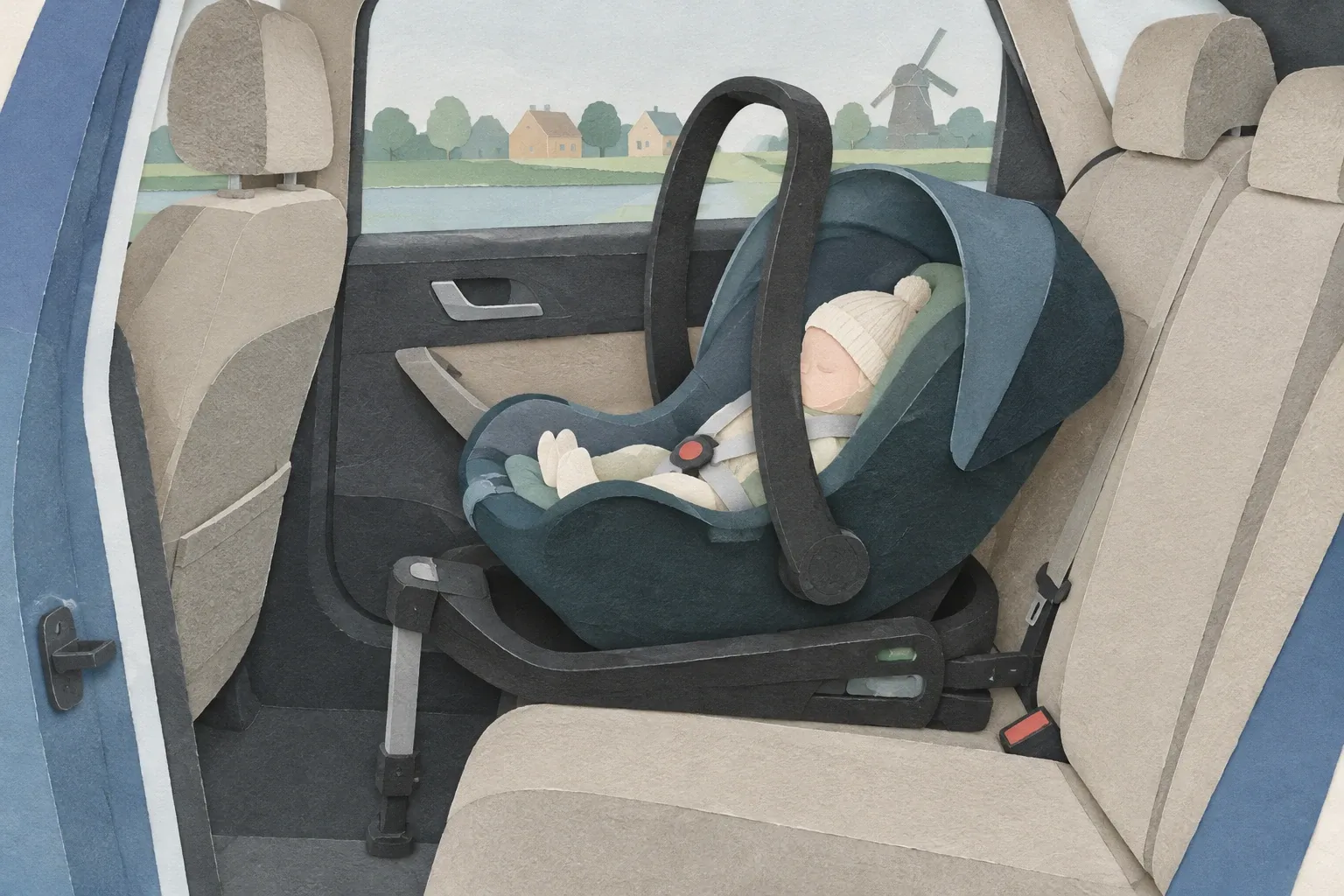Autostoeltje achterstevoren op een isofix-basis op de achterbank, in papiercollage.