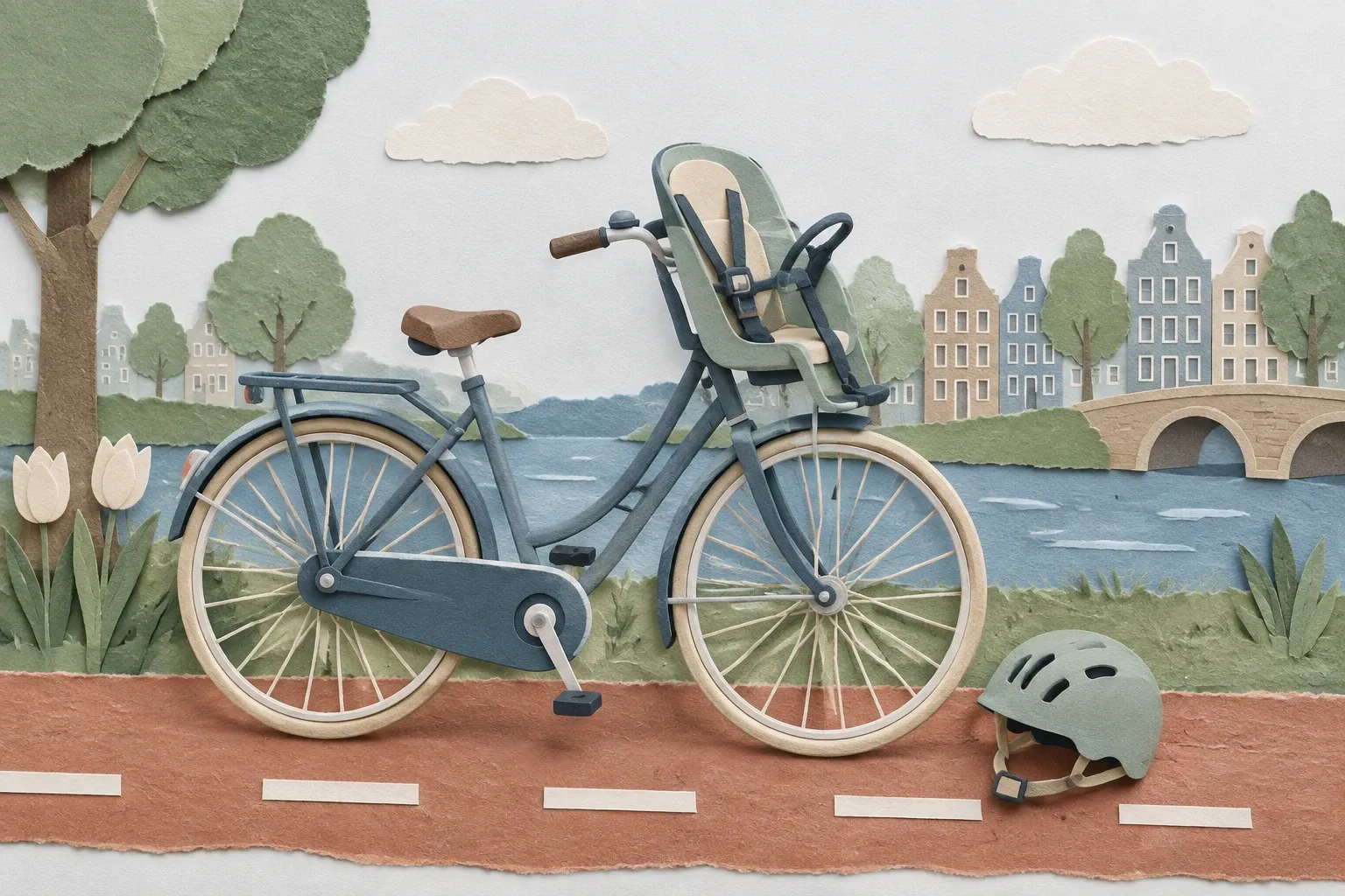Omafiets met een kinderzitje voorop en een kinderhelm, in papiercollage.