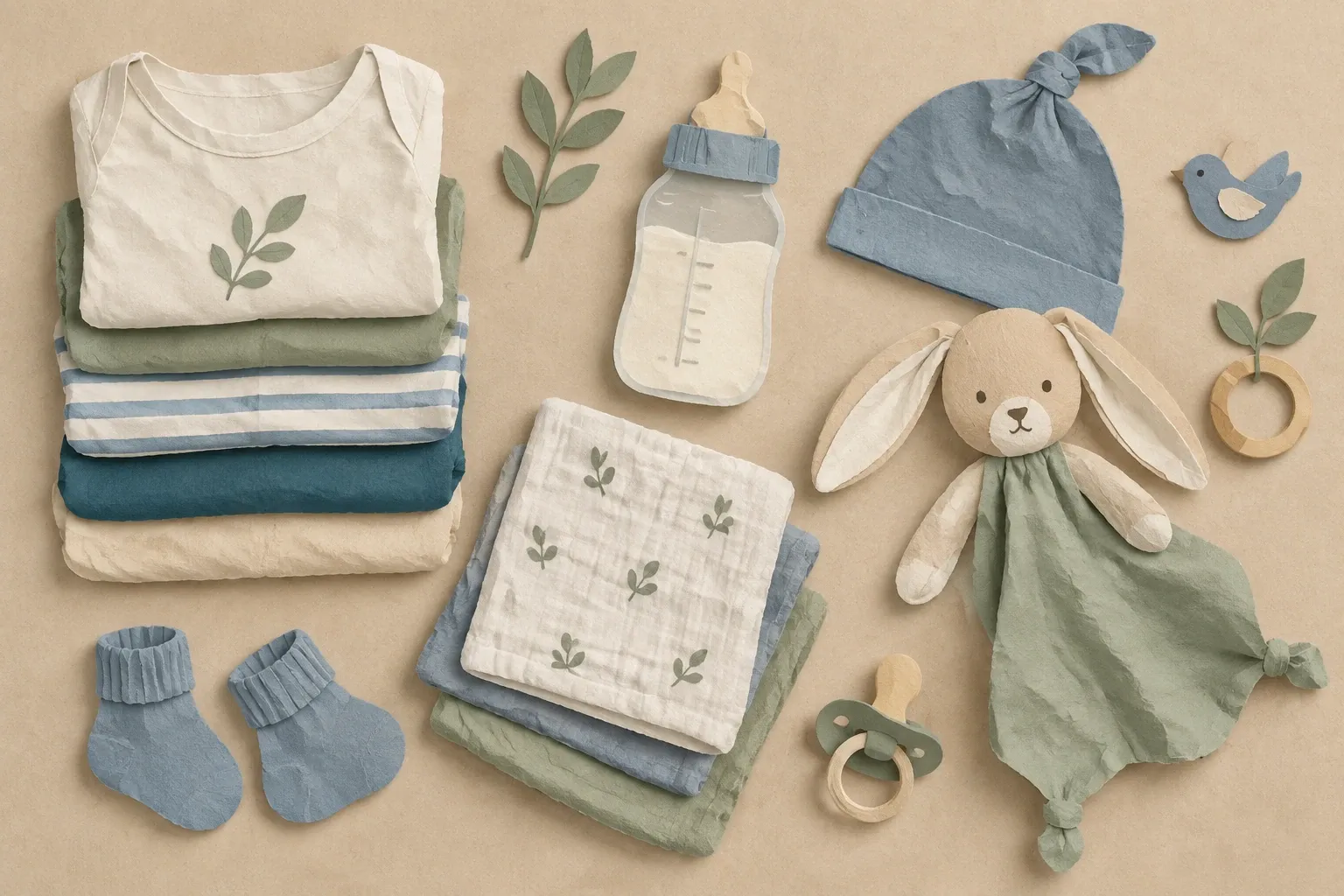Opgevouwen babykleertjes, hydrofiele doeken, een fles en een knuffel in papiercollage.