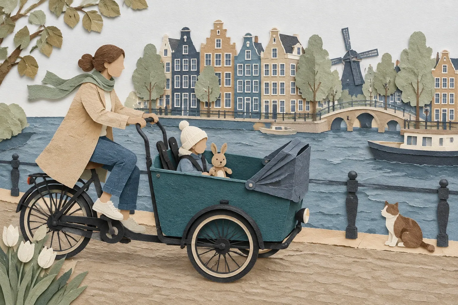 Bakfiets met bankje en gordels bij een gracht, in papiercollage.