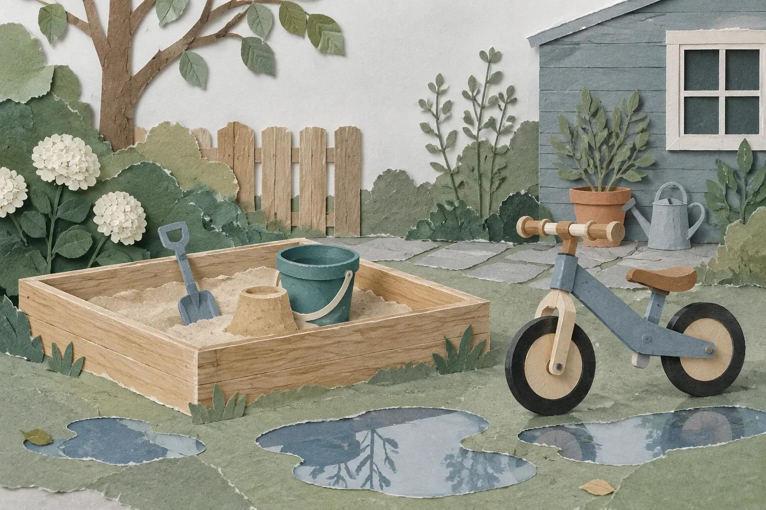 Zandbak met schepje en emmer en een loopfiets in de tuin, in papiercollage.