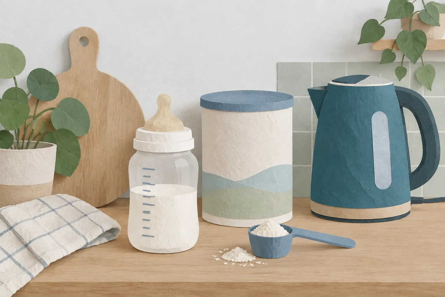 Fles, blik zuigelingenvoeding, waterkoker en maatschepje op het aanrecht, in papiercollage.