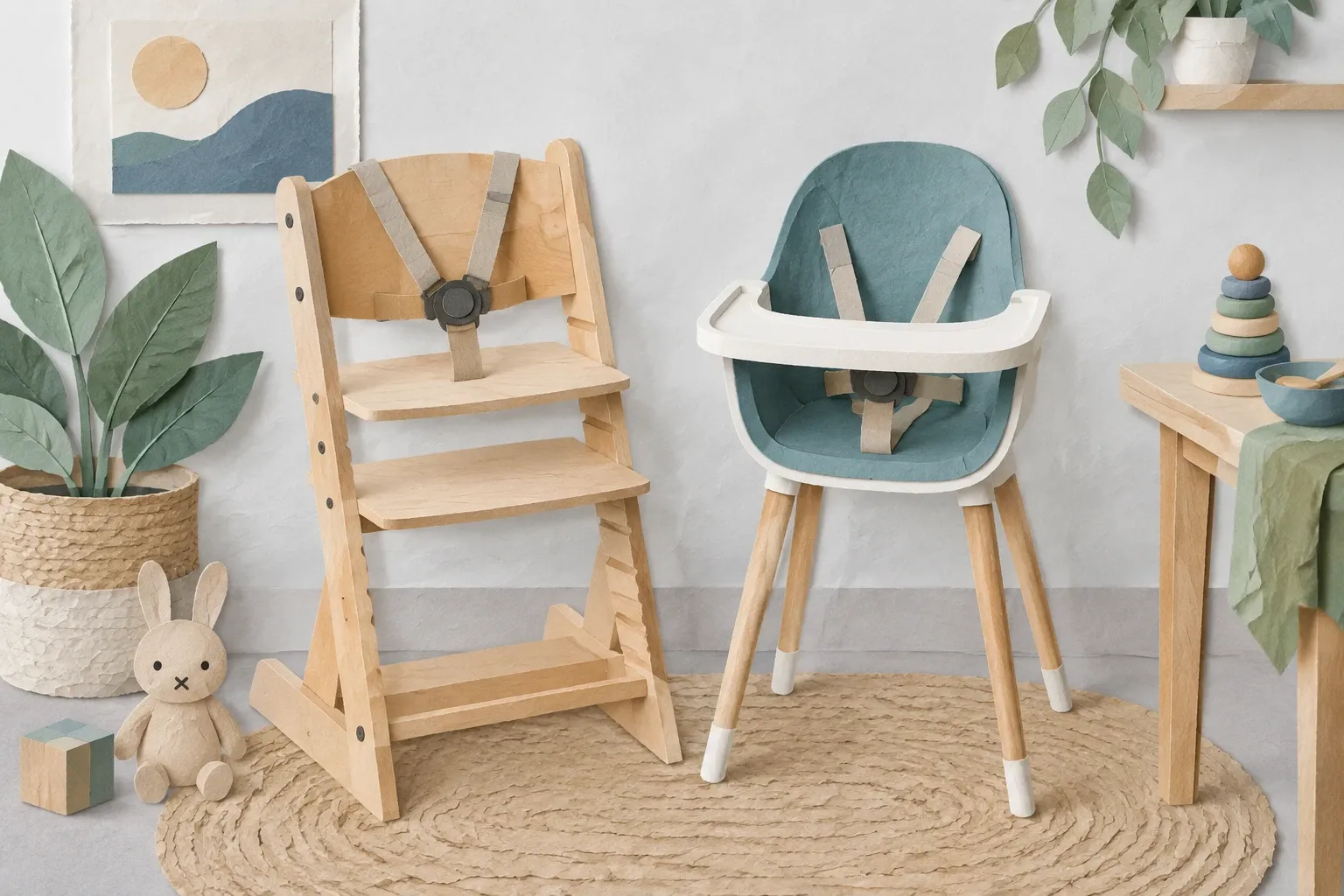 Twee kinderstoelen, een meegroeistoel van hout en een compacte, in papiercollage.