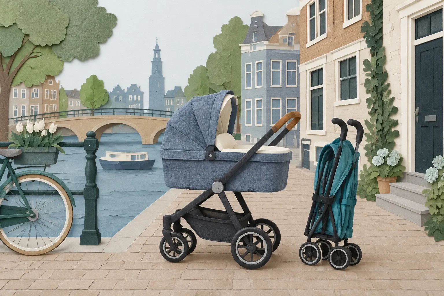 Combiwagen met reiswieg en een opgevouwen buggy in een straat, in papiercollage.