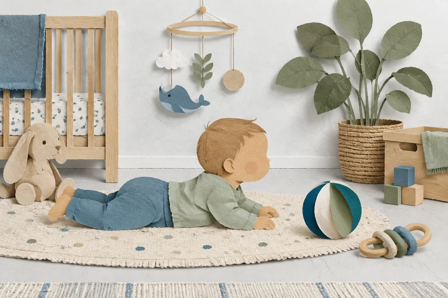 Baby in buikligging die het hoofdje optilt naar een speeltje, in papiercollage.