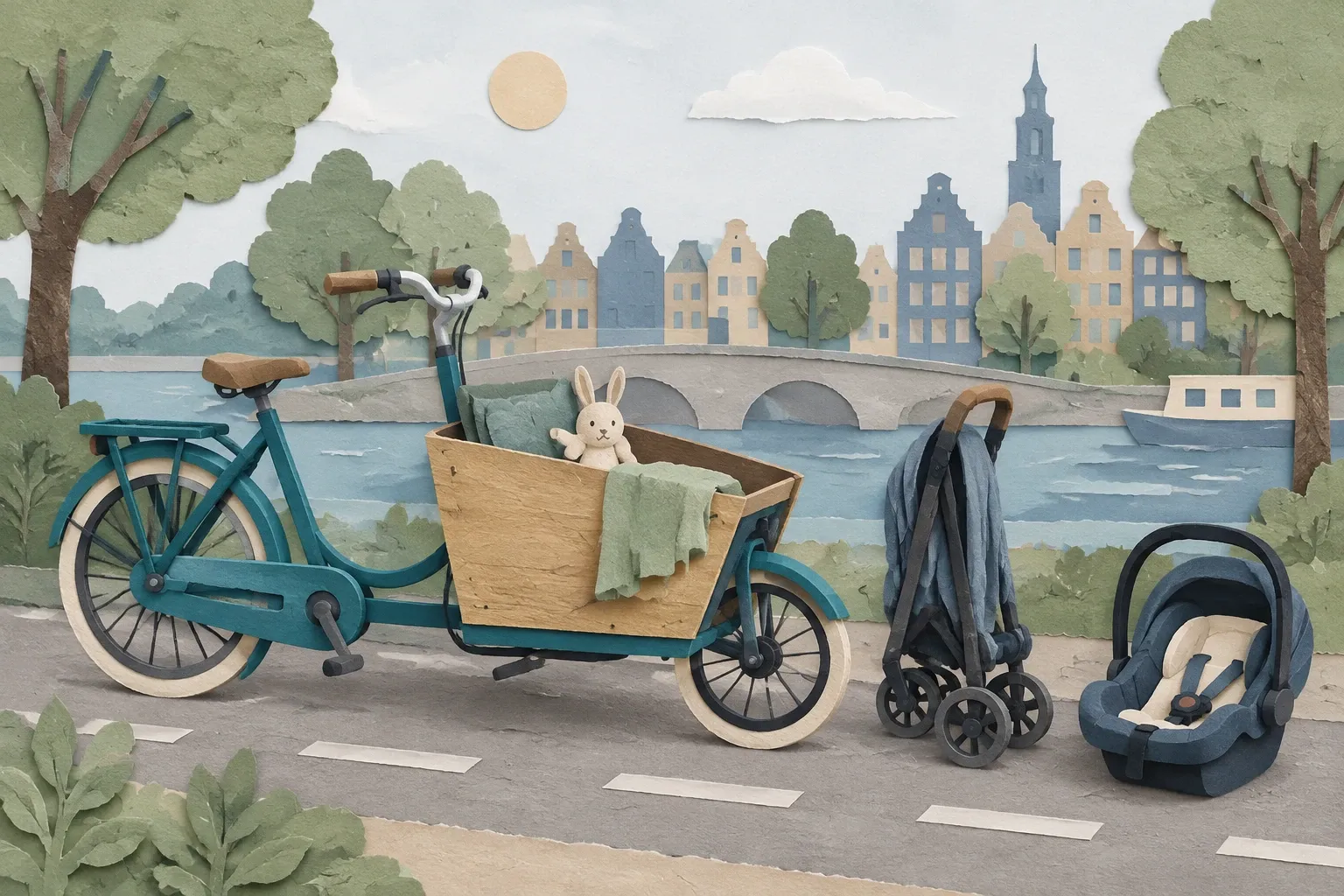Bakfiets, kinderwagen en autostoeltje op een fietspad, in papiercollage.