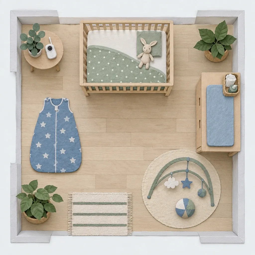 Plattegrond van een babykamer van bovenaf in papiercollage, met ledikant, babyfoon, slaapzak, commode en speelkleed.