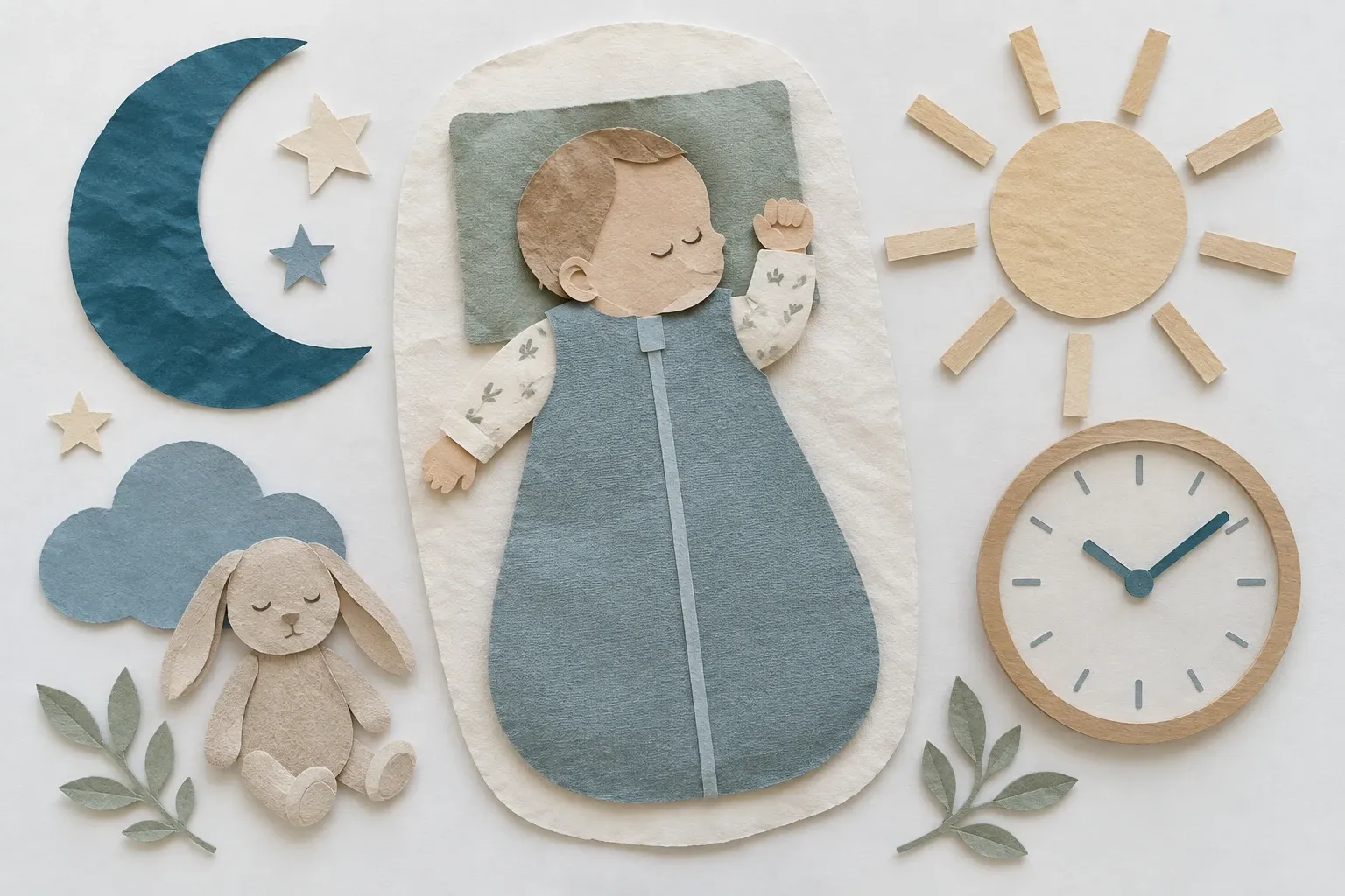 Klok met zon en maan rond een slapende baby, in papiercollage.