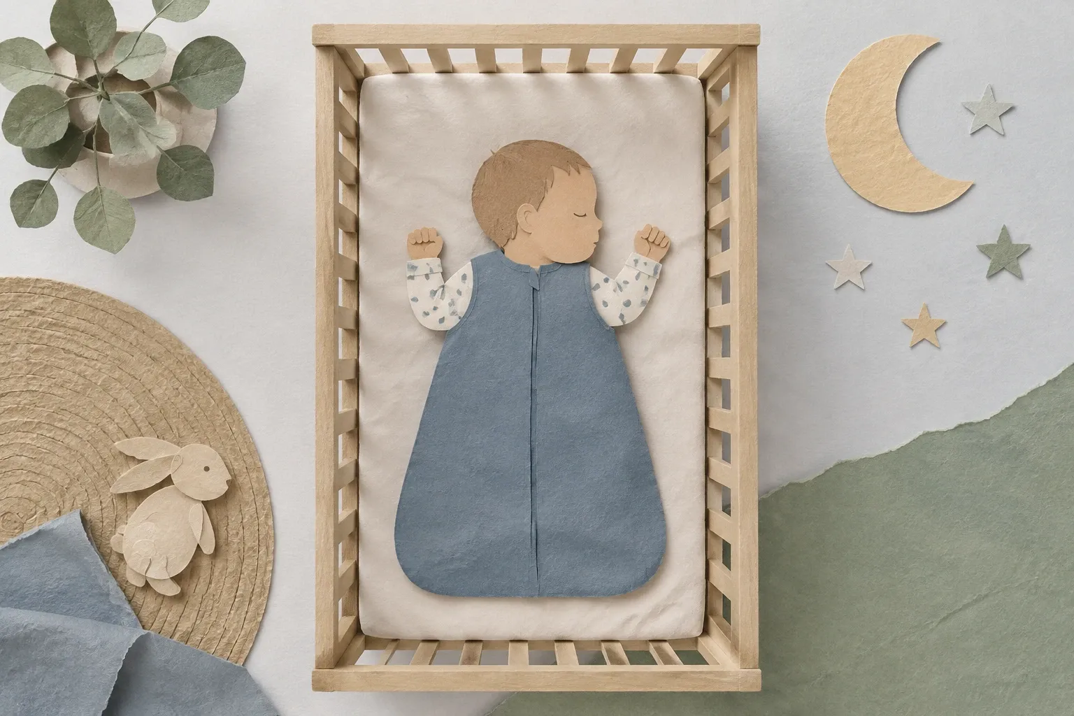 Baby slaapt op de rug in een slaapzak in een leeg ledikant, in papiercollage.