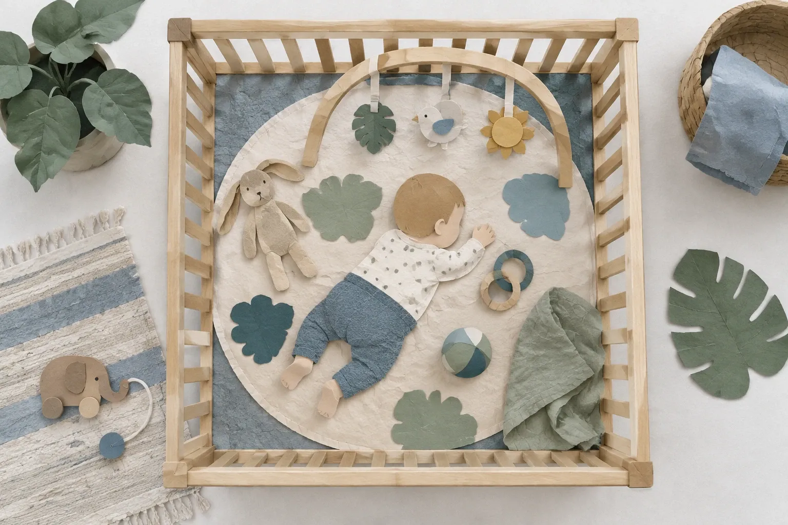 Houten box met speelkleed en speelboog, van bovenaf, in papiercollage.