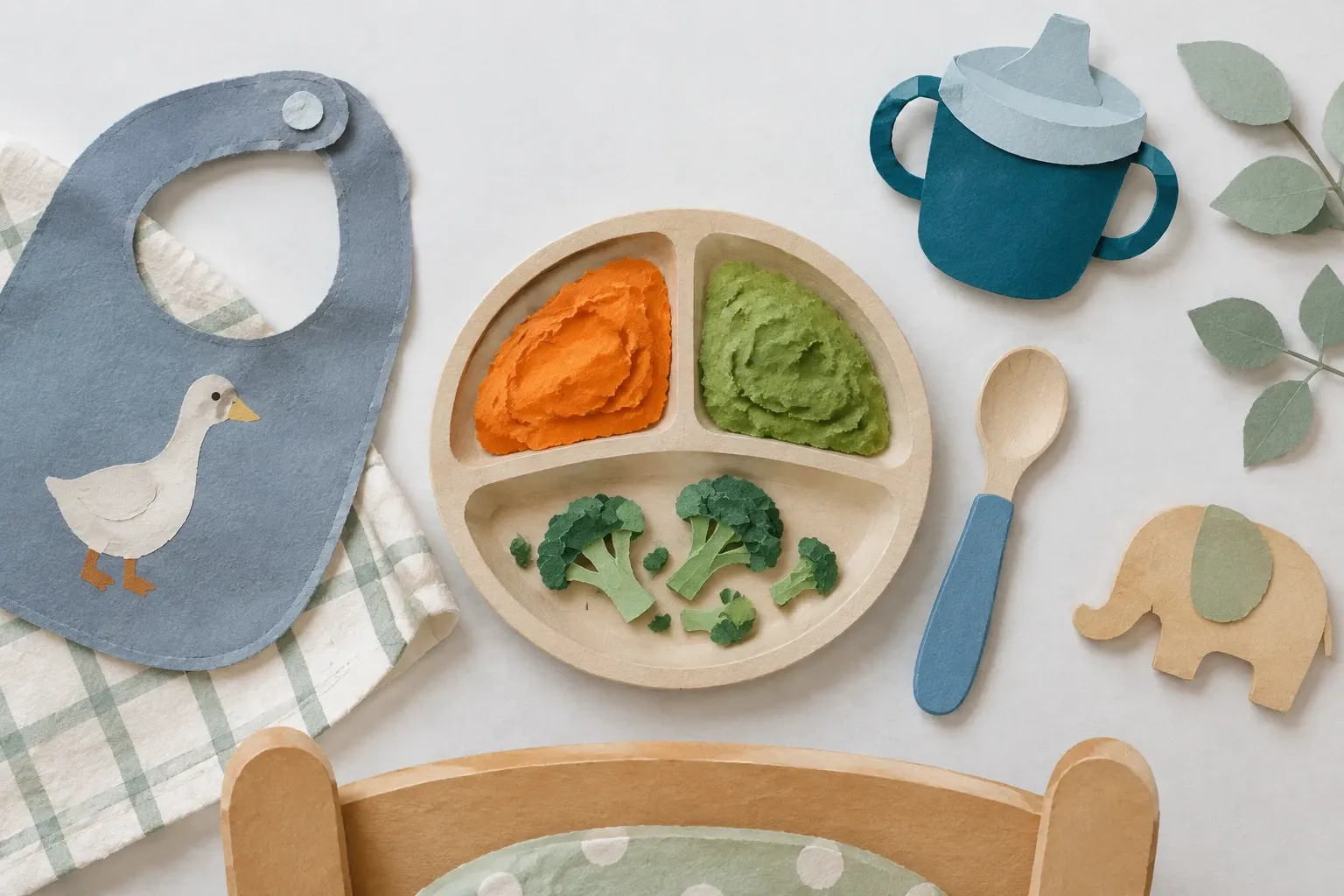 Bordje met groentehapjes, broccoli en een babylepeltje, in papiercollage.