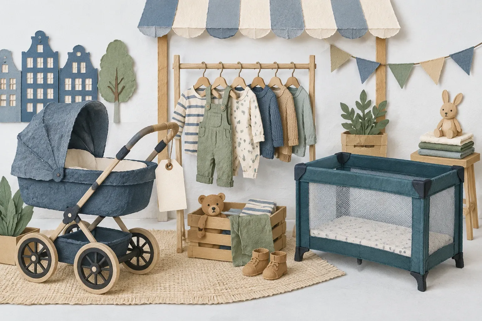 Tweedehands kinderwagen, campingbedje en babykleding aan een rek in papiercollage.