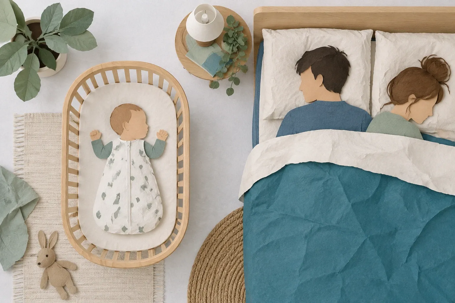 Baby op de rug in een wieg zonder kussen of spullen, naast het ouderbed, in papiercollage.