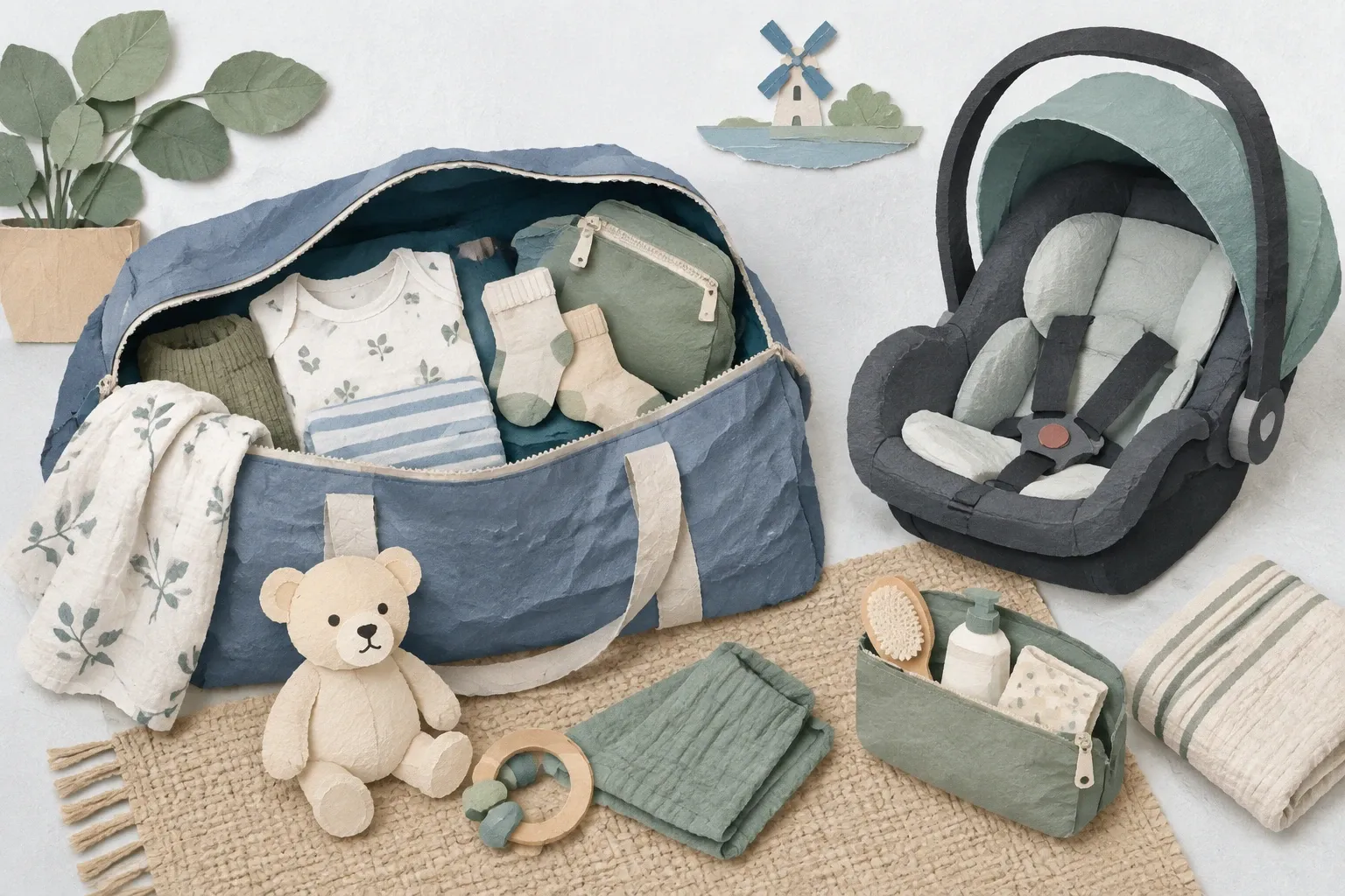 Gepakte ziekenhuistas met kleding voor moeder en baby en een autostoeltje, in papiercollage.